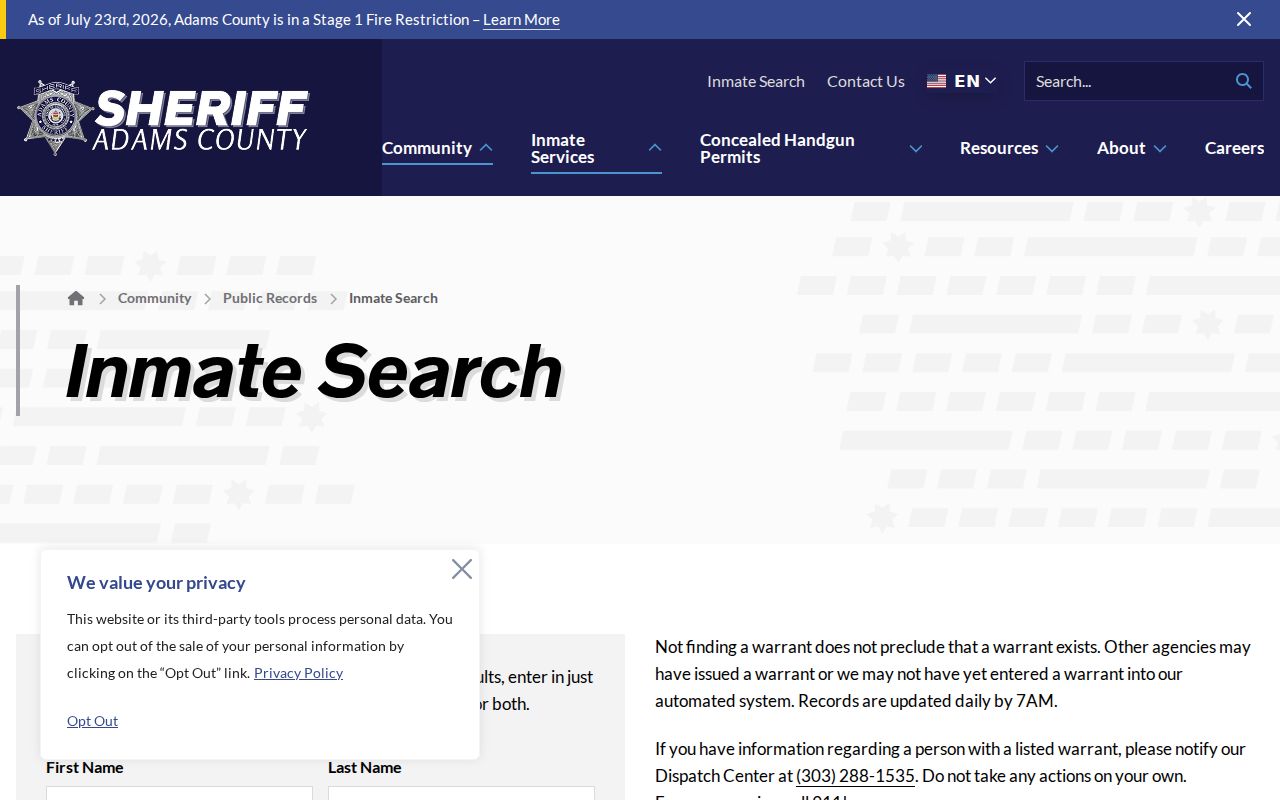 Adams County resident lookup Sheriff inmate search fields