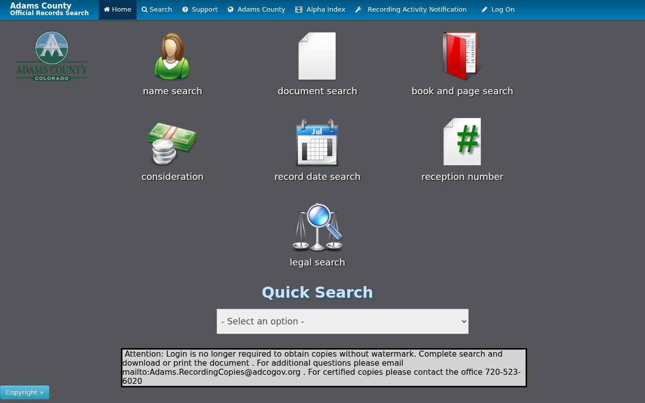 Adams County street directory recorded document search and disclaimer
